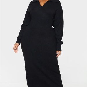 Plus Black Collar Detail Cosy Knitted Midaxi Dress